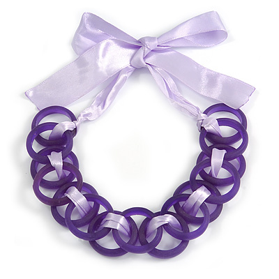 Contemporary Acrylic Ring Bib with Silk Ribbon Necklace in Purple - 46cm Long