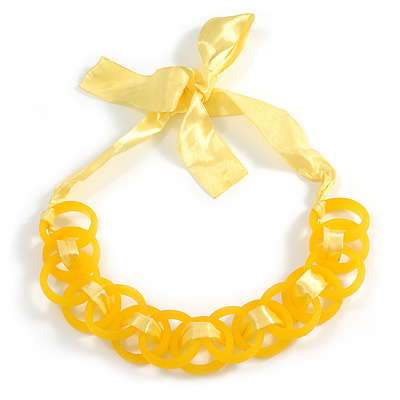 Contemporary Acrylic Ring Bib with Silk Ribbon Necklace in Banana Yellow - 46cm Long - main view
