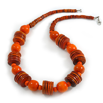Orange Wood Button & Bead Chunky Necklace - 60cm Long - main view