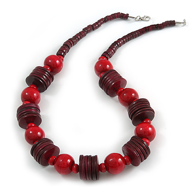 Cherry Red/ Burgundy Red Wood Button & Bead Chunky Necklace - 60cm Long - main view