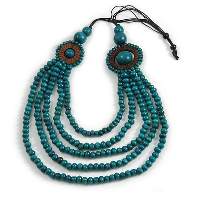 Layered Multistrand Teal Wood Bead Black Cord Necklace - 100cm L - main view