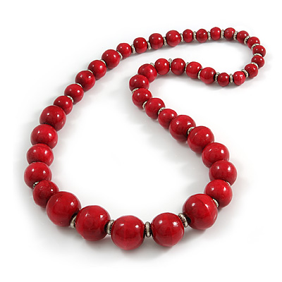 Cherry Red Graduated Wooden Bead Necklace - 70cm Long