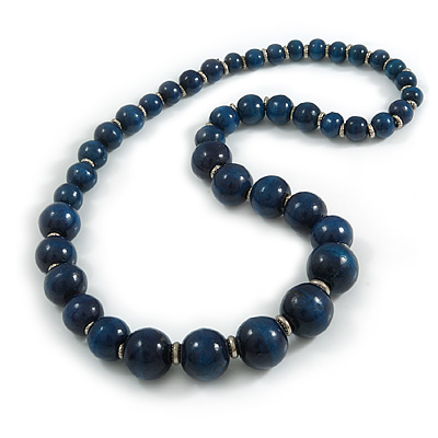 Dark Blue Graduated Wooden Bead Necklace - 70cm Long - main view
