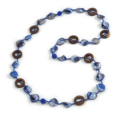 Dark Blue Shell, Brown Wood Ring and Neon Blue Glass Beads Necklace - 80cm Long - main view