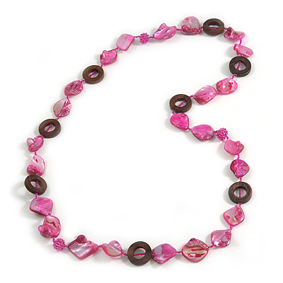 Fuchsia Shell, Brown Wood Ring and Pink Glass Beads Necklace - 80cm Long - main view