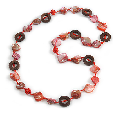 Red Shell, Brown Wood Ring and Brick Red Glass Beads Necklace - 80cm Long