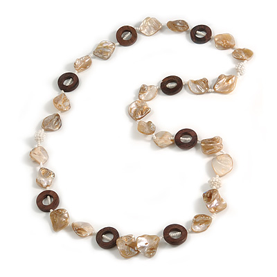 Antique White Shell, Brown Wood Ring and White Glass Beads Necklace - 80cm Long