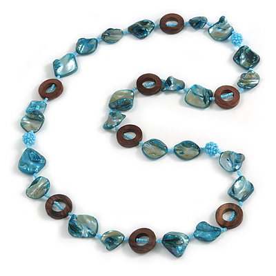 Teal Blue Shell, Brown Wood Ring and Light Blue Glass Beads Necklace - 80cm Long - main view
