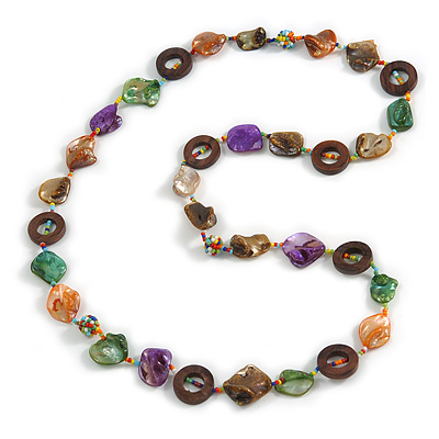 Multicoloured Shell, Brown Wood Ring and Glass Beads Necklace - 80cm Long - main view