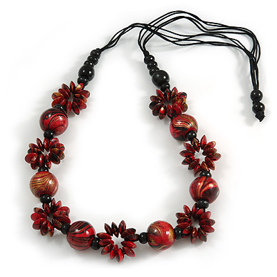 Long Red/ Black/ Gold Wood Floral Necklace On Black Cotton Cord - 84cm L Adjustable - main view