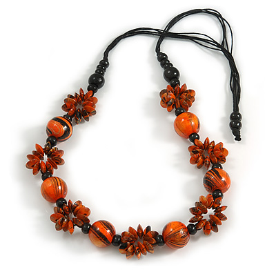 Long Orange/ Black/ Gold Wood Floral Necklace On Black Cotton Cord - 84cm L Adjustable