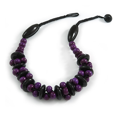 Purple/ Black Chunky Wood Bead Cotton Cord Necklace - 48cm Long - main view