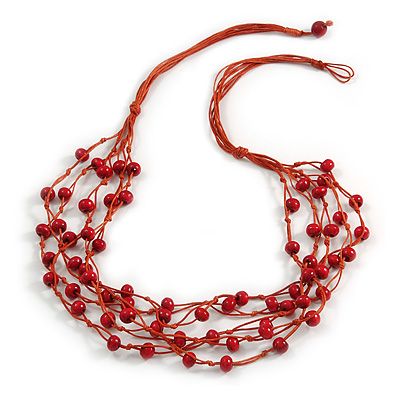 Red Wood Beaded Cotton Cord Necklace - 80cm Length