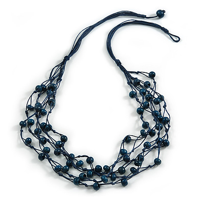 Dark Blue Wood Beaded Cotton Cord Necklace - 80cm Length