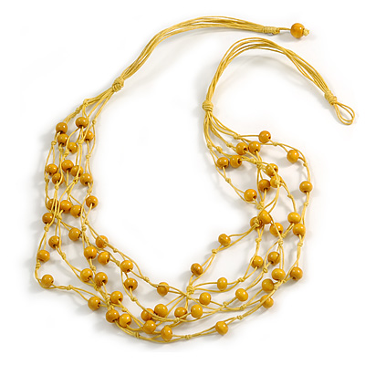 Multistrand Yellow Wood Beaded Cotton Cord Necklace - 80cm Length - main view