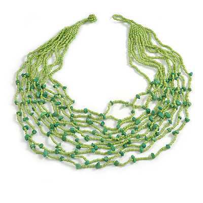 Lime Green Glass Bead/ Semiprecious Stone Multistrand Necklace - 60cm Long - main view