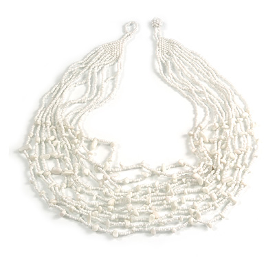 Snow White Glass Bead/ Semiprecious Stone Multistrand Necklace - 60cm Long - main view