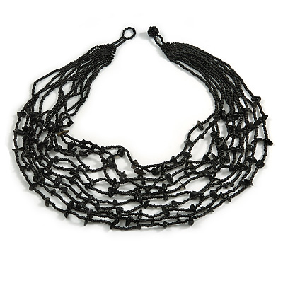 Black Glass Bead/ Semiprecious Stone Multistrand Necklace - 60cm Long - main view