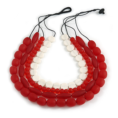 4 Strand Layered Resin Bead Black Cord Necklace In Red/ White - 66cm L - main view