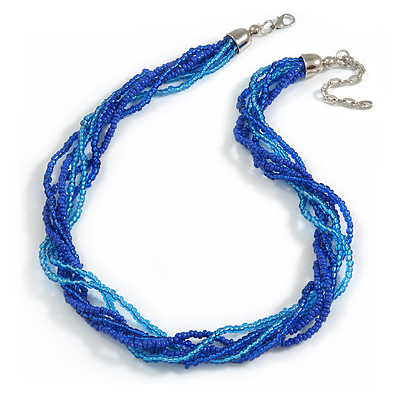 Blue Glass Multistrand Twisted Necklace - 45cm L/ 7cm Ext - main view