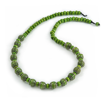 Lime Green Wood Bead with Silver Tone Wire Element Necklace - 66cm Length - main view