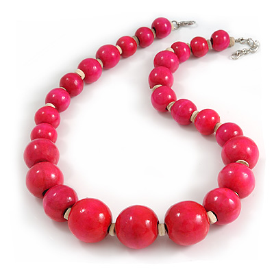 Deep Pink Wood Bead Necklace - 48cm L/ 3cm Ext - main view