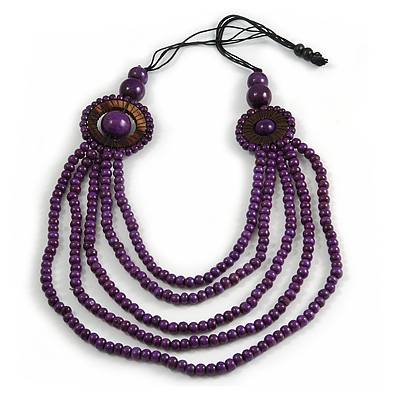 Layered Multistrand Purple Wood Bead Black Cord Necklace - 100cm L - main view