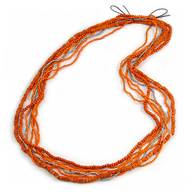 Long Multistrand Orange, Silver Glass/ Wood Bead Necklace - 100cm L - main view