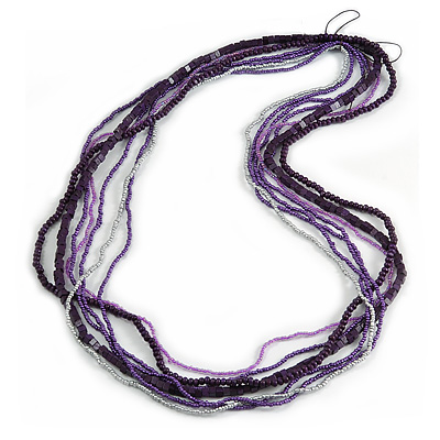 Long Multistrand Purple, Silver Glass/ Wood Bead Necklace - 100cm L - main view