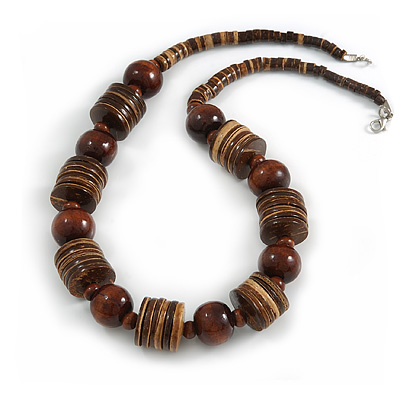 Brown Wood Button & Bead Chunky Necklace - 60cm Long