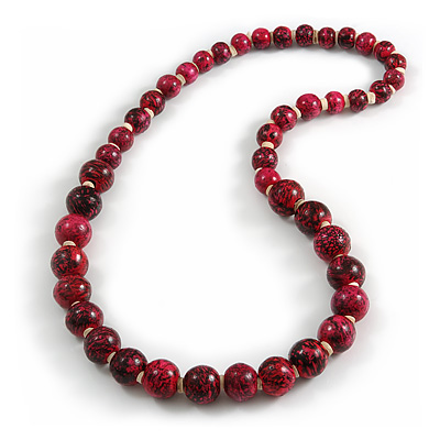 Animal Print Wooden Bead Necklace in Deep Pink/ Black - 76cm Long - main view