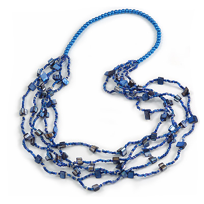 Long Multistrand Blue Shell/ Glass Bead Necklace - 80cm Length - main view
