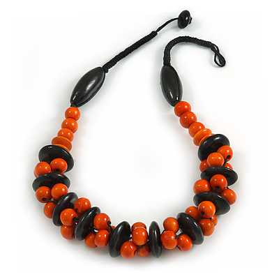 Orange/ Black Chunky Wood Bead Cotton Cord Necklace - 48cm Long - main view
