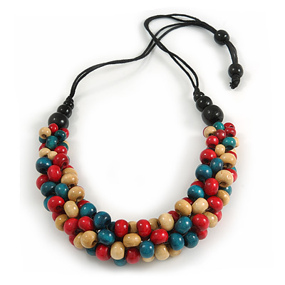Chunky Natural/ Red/ Teal Wood Bead Black Cotton Cord Necklace - 68cm Length - main view