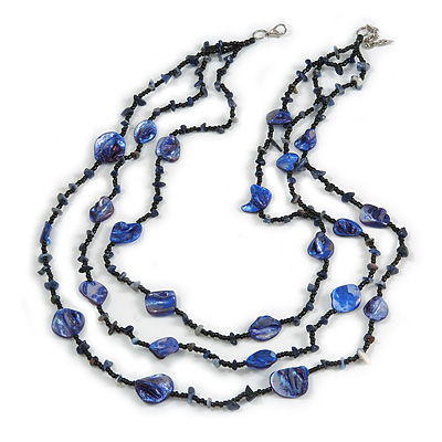 3 Strand Purple Blue/ Black Glass, Shell Bead and Semiprecious Stone Necklace - 68cm Length - main view