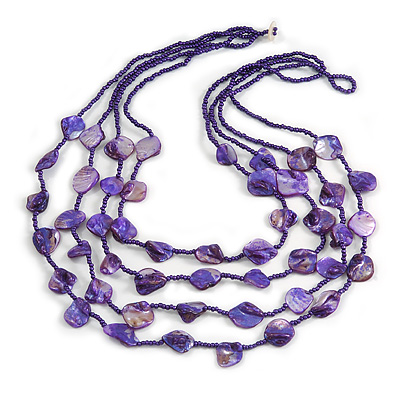 Multistrand Purple Sea Shell and Glass Bead Necklace - 80cm Long - main view