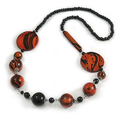 Stylish Animal Print Wooden Bead Necklace (Orange/ Black) - 80cm Long - main view