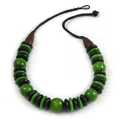 Chunky Beaded Cotton Cord Necklace (Black & Green) - 64cm L - main view