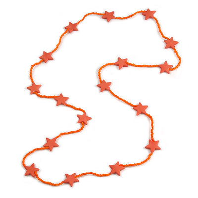 Long Acrylic Star Glass Bead Necklace in Orange - 104cm Long - main view