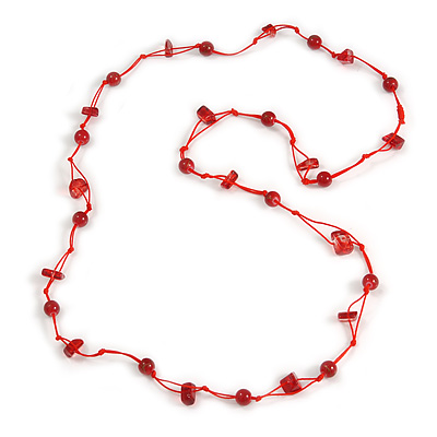 Delicate Ceramic Bead and Glass Nugget Cord Long Necklace In Red - 96cm Long - main view