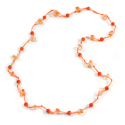 Delicate Ceramic Bead and Glass Nugget Cord Long Necklace In Orange - 96cm Long - main view
