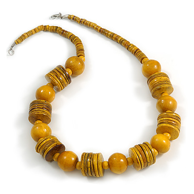 Dusty Yellow Wood Button & Bead Chunky Necklace - 60cm Long - main view