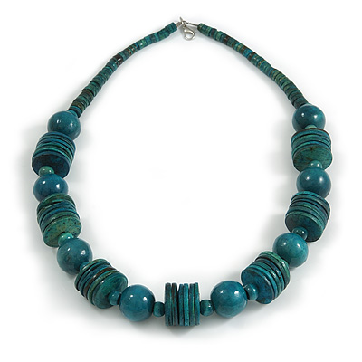 Teal Wood Button & Bead Chunky Necklace - 60cm Long - main view