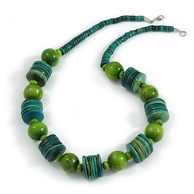 Green/ Lime Wood Button & Bead Chunky Necklace - 60cm Long