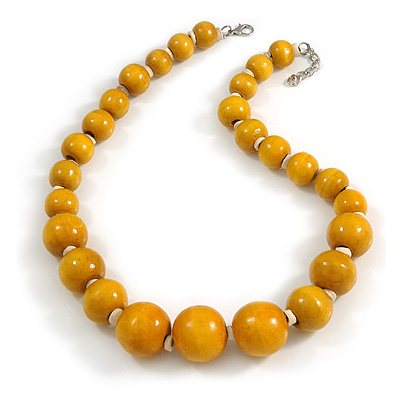 Dusty Yellow Wood Bead Necklace - 48cm L/ 3cm Ext