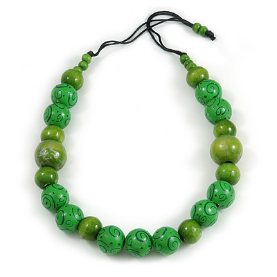 Chunky Green/ Lime Wood Bead Cotton Cord Necklace - 76cm L (Adjustable) - main view