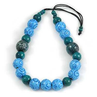 Chunky Light Blue/ Teal Wood Bead Cotton Cord Necklace - 76cm L (Adjustable) - main view