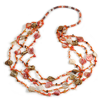 Long Multistrand Sea Shell/ Semiprecious Stone & Simulated Pearl Necklace in Orange/ Brown/ Coral - 96cm Length - main view