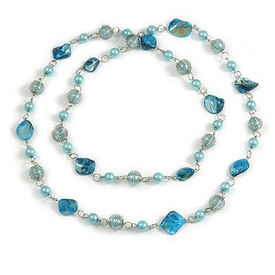 Long Glass and Shell Bead with Silver Tone Metal Wire Element Necklace In Light Blue - 120cm L - main view