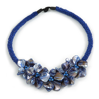 Stunning Glass Bead with Shell Floral Motif Necklace In Blue - 48cm Long